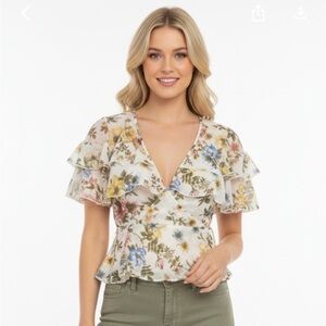 Forever 21 medium floral sheer ruffle wrap top